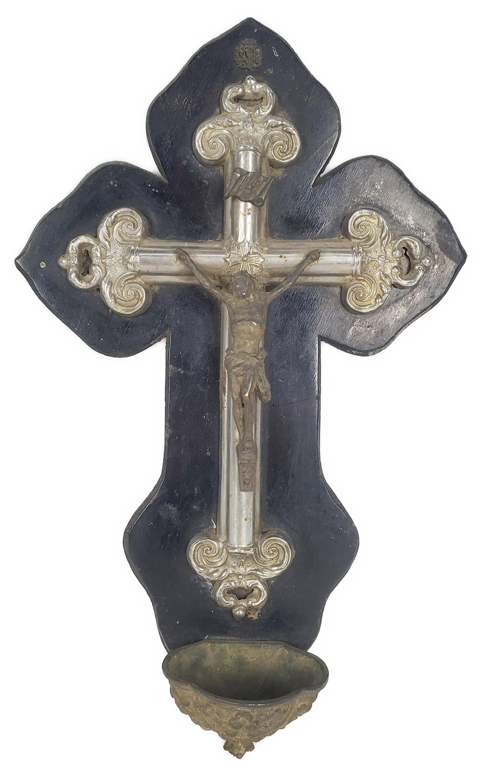 French Antique Metal Crucifix and Font, 14 1/4" h.9 1/4" w.: French Antique Metal Crucifix and Font, 14 1/4" h.9 1/4" w.