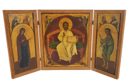 Eastern Orthodox Traveling Tripartite Wood Painted Icon, 20th Century, Open-10" x 18", Closed-10" x