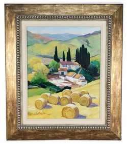Julia Kelly (American/Florida, 20th Century) Country Landscape with Hay Bales, Signed lower left,