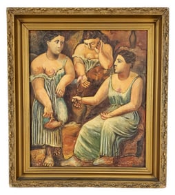 After Pablo Picasso (Spanish, 1881-1973) Femmes a La Fontaine, Unsigned, Oil on Canvas, Verso bears