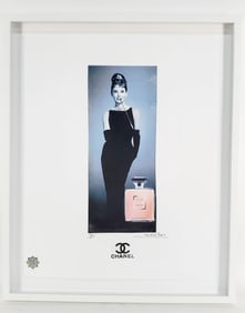 A Limited Edition Fairchild Paris Fashion Print with the Image Audrey Hepburn and a Perfume Bottle,
