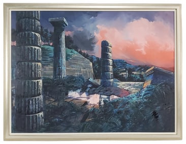 Denis Riviere (French, 1945-2020) Greek Temple Landscape, Unsigned, Oil on canvas, verso bears label