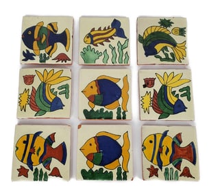 Group of Nine Fish Motif Ceramic Tiles, 4" x 4", two with chips.
