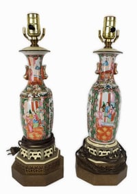 Pair of Vintage Rose Medallion Table Lamps, 20th Century, Vase-10" h., Overall-18" h.
