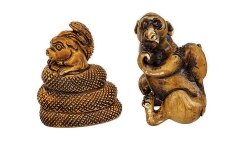 Two Japanese Netsukes, Snake and Pig and Monkey, 1 1/2" x 3/4" and 1 3/4" x 1"
