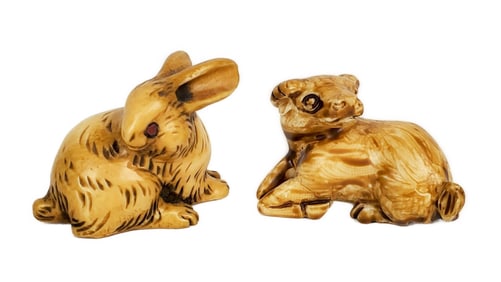 Two Bone Carved Netsukes, Rabbit and Ram, each with marks underneath, 1" x 1 1/2"
