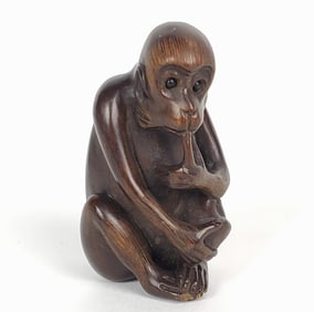 Japanese Carved Exotic Hardwood Monkey Netsuke, marked underneath, 2 1/4" x 1/2"