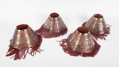 Four Vintage Silver Pierced Light Shades with inserted liners with beaded fringe, 3 1/2" h. 5 1/2"