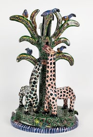 Ardmore Ceramic Studio Two Giraffes with Parrots Candleholder, 20th Century, underside signed