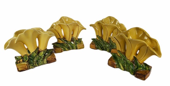 Group of Four McCoy Triple Calla-Lily Pottery Vases, all marked McCoy, 6" h. 6 1/4" 3" d.