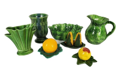 Group of Seven Vintage Pottery Objects to include: Two pcs. Italian pottery-Leaf Pitcher and Bowl,