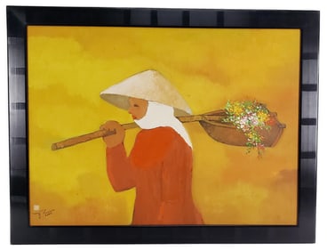 Asian Contemporary Oil on Canvas Painting of a Peasant with Basket of Flowers, Signed and dated 2000