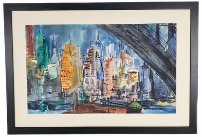 Elinore Taylor (American, ) Pittsburgh Skyline, Signed, Watercolor on paper, Sight-15 1/2" x 26",