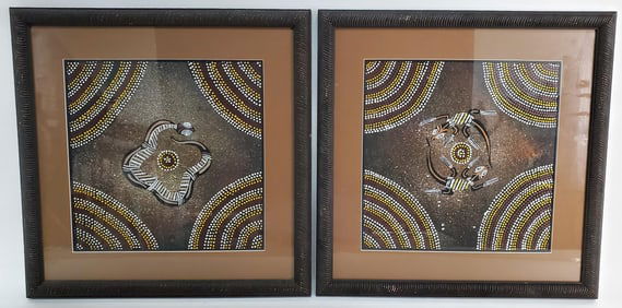 Pair of Aboriginal Paintings, 20th Century, Oil on Paper, Unsigned, Each-13" x 13", Framed-19 1/2" x