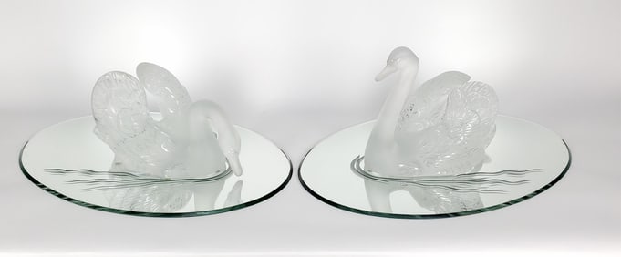 Pair Lalique Crystal Swans on Mirrored Plateaus,each signed Lalique, France, good condition, no