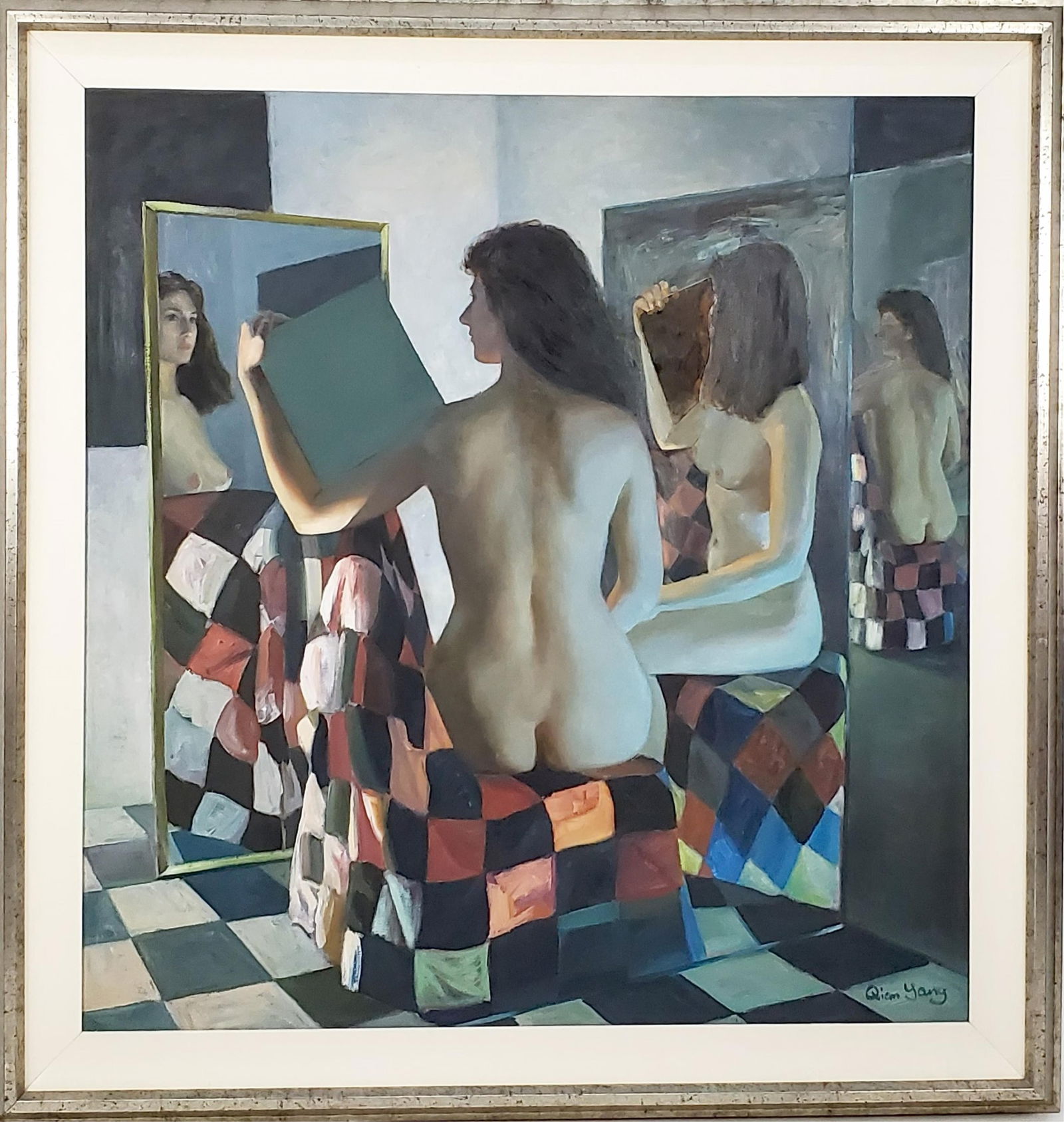 Yang Qian (Chinese,b.1959) Untitled, Signed lower right, Oil on canvas, 50" x 46". Framed-59 1/2" x (1 of 4)