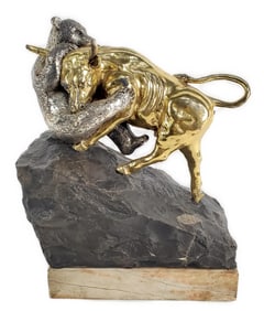 Yaacov Heller Bronze and Gold Plated Sculpture, The Bear and The Bull, Signed Yaacov Heller,
