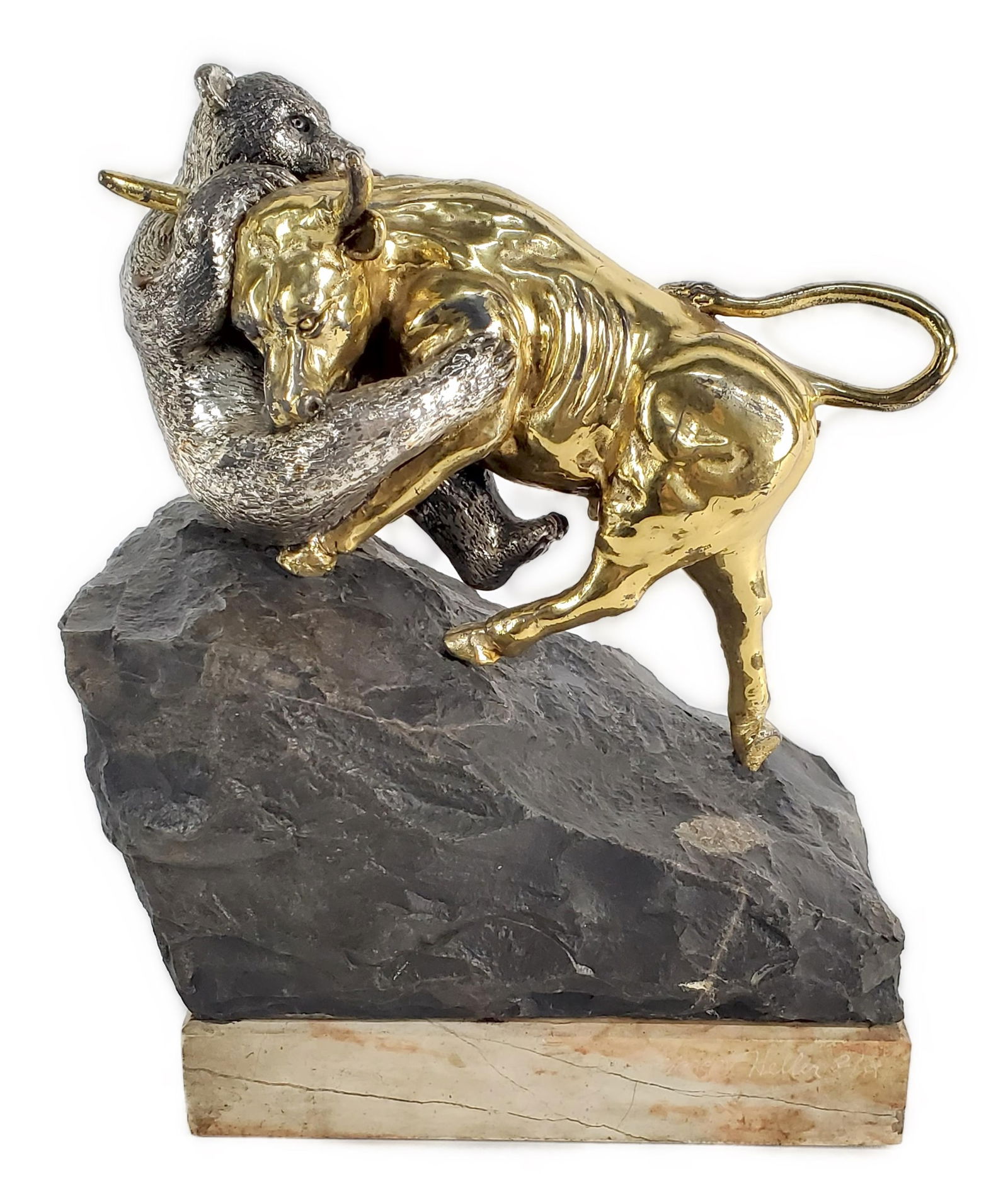 Yaacov Heller Bronze and Gold Plated Sculpture, The Bear and The Bull, Signed Yaacov Heller, (1 of 8)