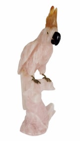 Brazilian Semi-precious Rose Quartz Carved Parrot on Stump, 20th Century, 14 1/2" h. 7 1/2" w. 3