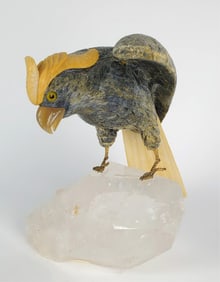 Brazilian Hardstone Carved Large Parrot on a Large Quartz Crystal, 20th Century, 13" h. 7 3/4" w. 4"
