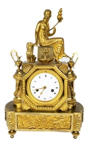 Antique French Empire Gilded Bronze Clock by Oudin, Paris, c.1800, Ariadne sits atop a fountain with