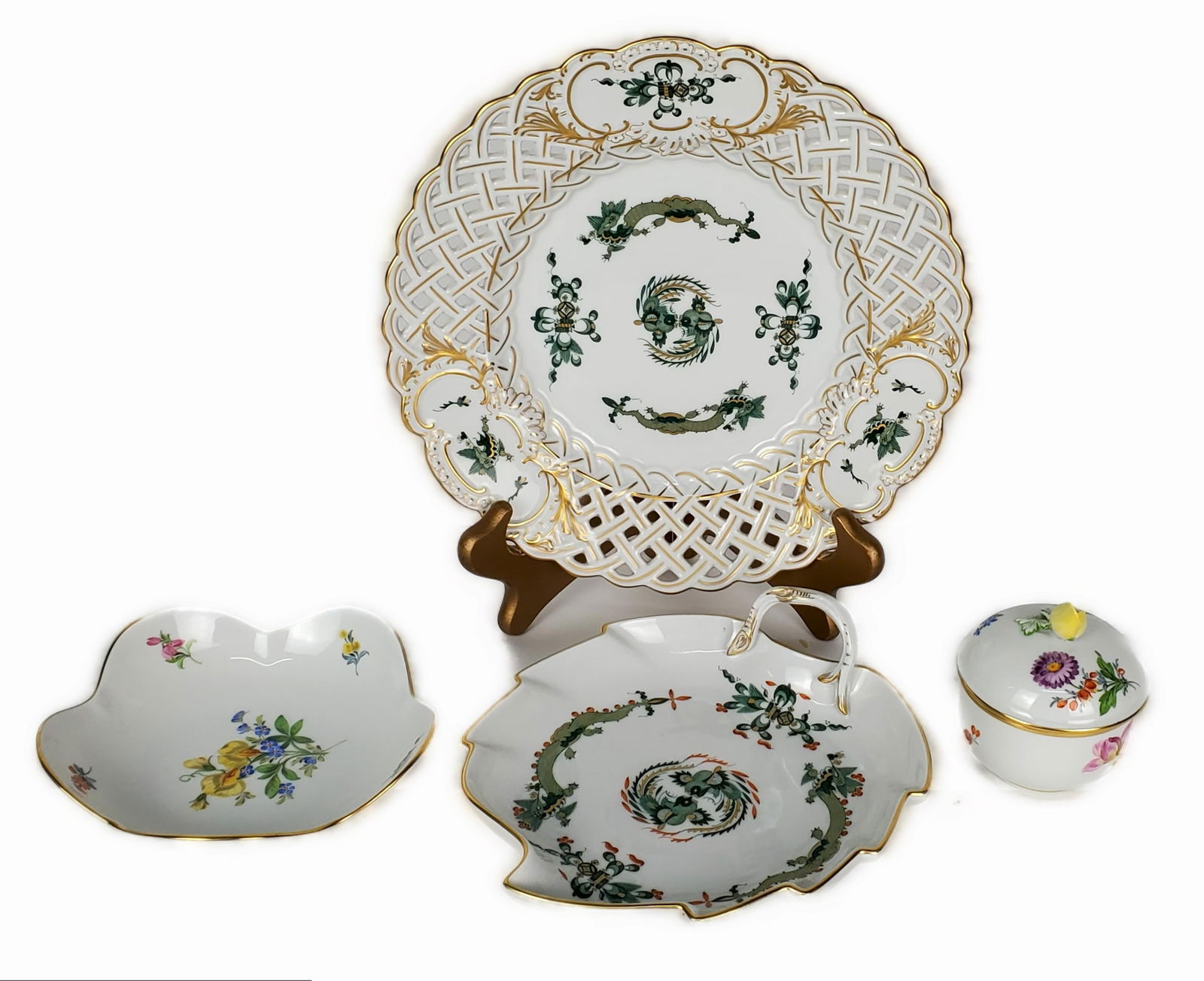 Group of Four Meissen Porcelain Pieces to include: the reticulated plate and leaf form handled dish (1 of 7)