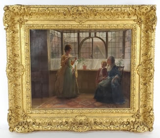 Jennie Brownscombe (American, 1850-1936) Interior Scene with Lady Reading a Letter, Signed