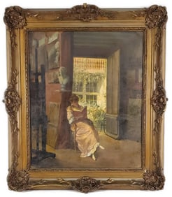 Carolus Duran (French, 1837-1917) Interior Artist's Studio with Seated Lady Reading, Signed Carolus