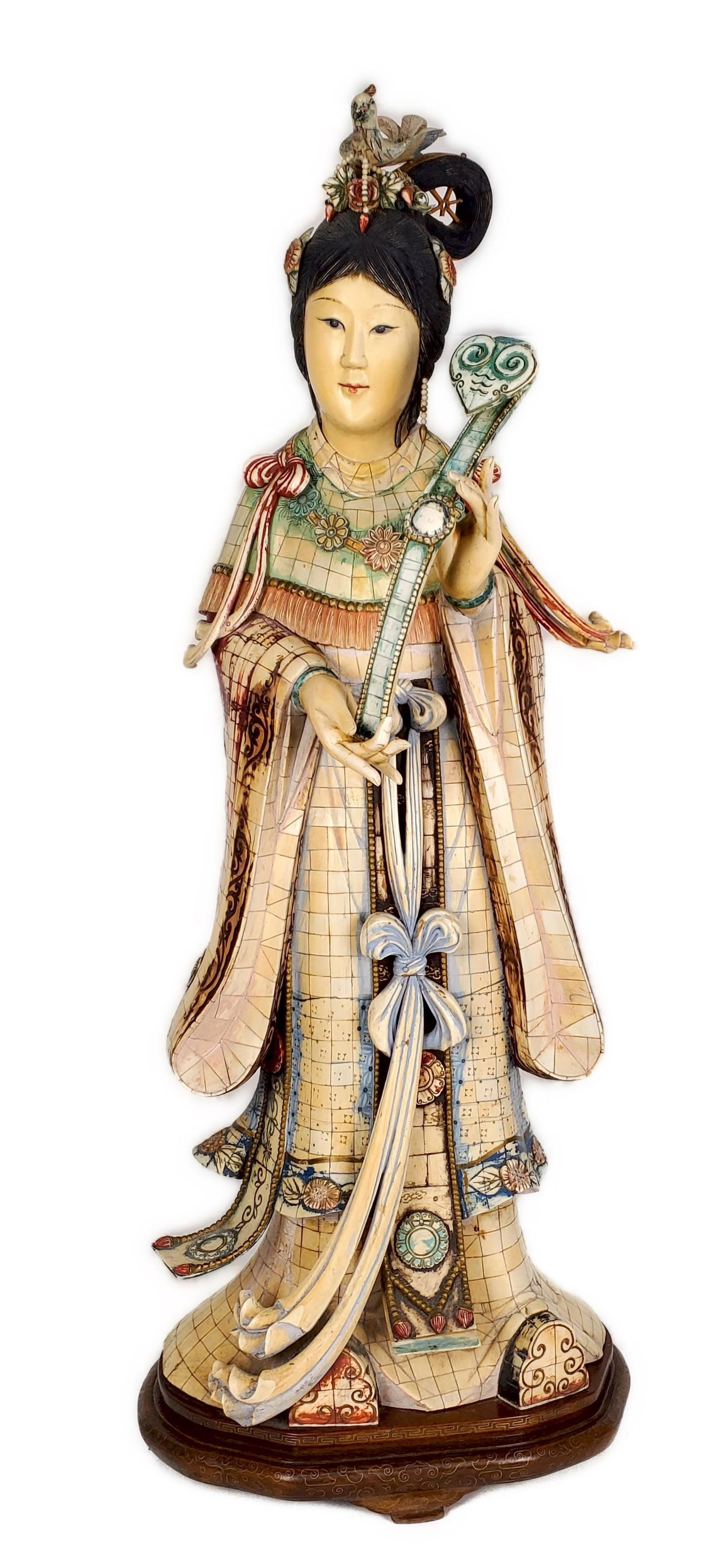 Tall Chinese Bone Tessellated and Polychrome Quan-Yin Holding a Scepter Sculpture, 20th Century, 40": Tall Chinese Bone Tessellated and Polychrome Quan-Yin Holding a Scepter Sculpture, 20th Century, 40" h. 16" w. 13" d.