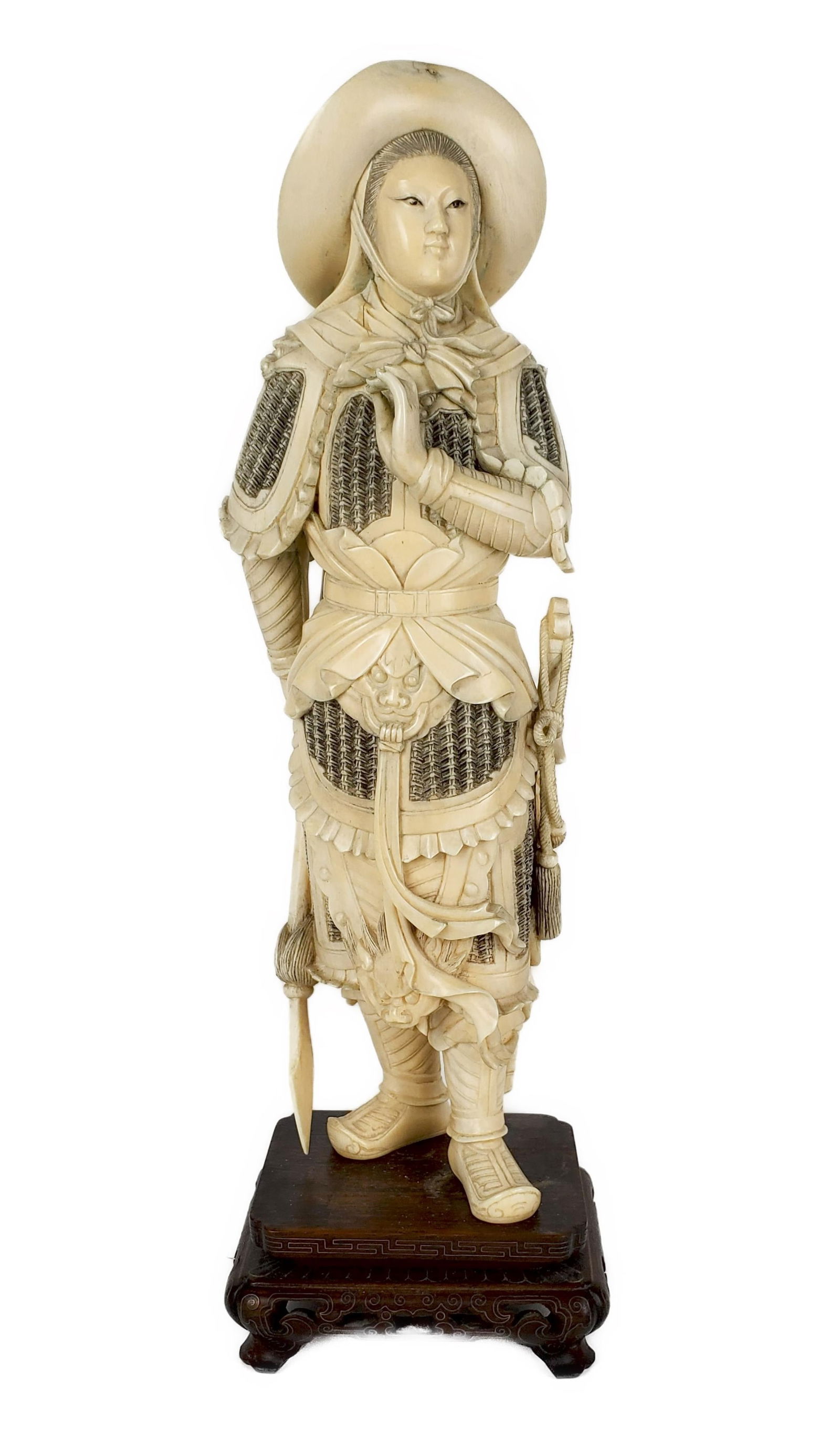 Chinese Carved Figure of a Warrior, 12 1/4" h. 3 3/4" w.3 1/4" d., mounted to a wood stand, good (1 of 6)