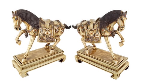 Pair of Large Chinese Carved War Horses, tinted and jeweled, on conforming wood stands, 11" h. 15