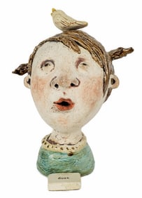 Kina Crow (American/New Mexico, b.1962) Duet, Glazed Whimsical Pottery Head, Signed, 6 1/2" h. 5