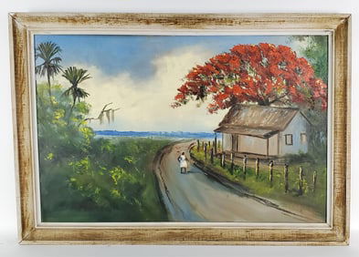 Roy A. McClendon (Florida Highwaymen, 1932-2004) Royal Poinciana with Shack and Black Lady on a Path