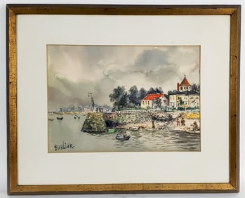 David Burliuk (Russian, 1882-1967) Lake Landscape with Figures and Boats, Signed Burliuk lower left,