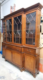 English Georgian Style Mahogany Secretary Breakfront, 19th Century, stepped cornice having four