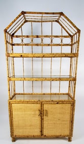 Modern Bamboo and Rattan Two Door Cabinet with Tiered Etagere, 20th Century, 77 1/2" h. 41" w. 14"