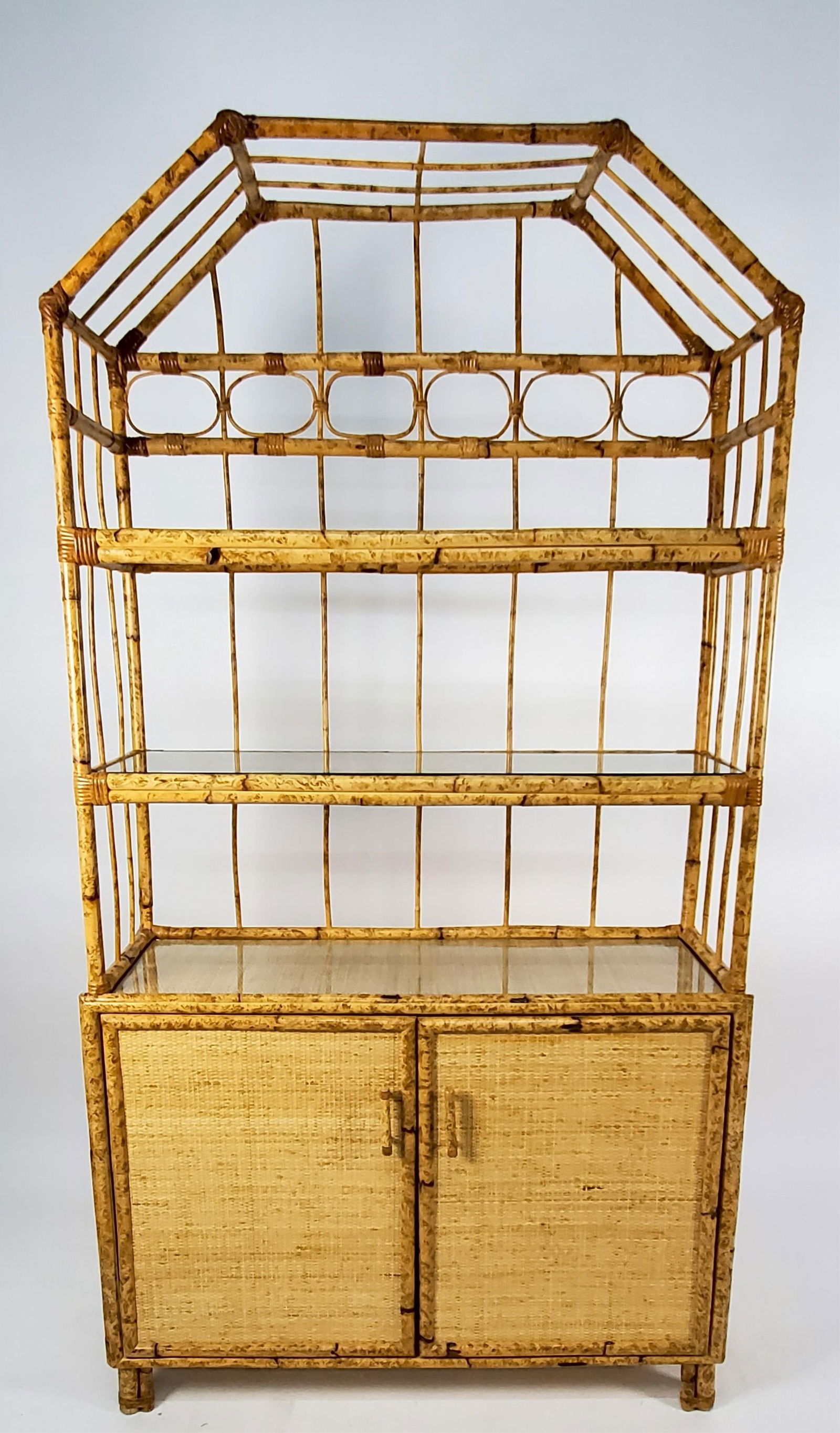 Modern Bamboo and Rattan Two Door Cabinet with Tiered Etagere, 20th Century, 77 1/2" h. 41" w. 14" (1 of 2)