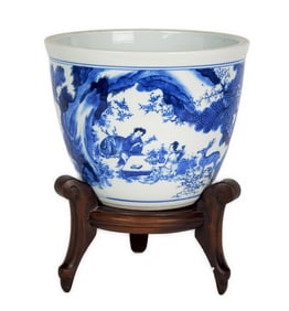 A Chinese Ming Blue and White Jardiniere Transitional to Qing, the deep Jardinière decorated