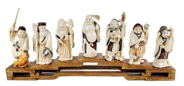 Group of Seven Japanese Carved Immortals, polychrome, each marked underside, 4" h. 1 3/4" w. 1 1/2"