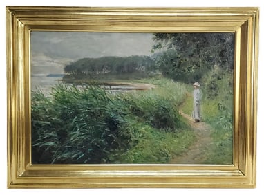 American School (Late 19th/Early 20th Century) Lady by Lakeshore, Unsigned, Oil on Canvas, 16 3/4" x