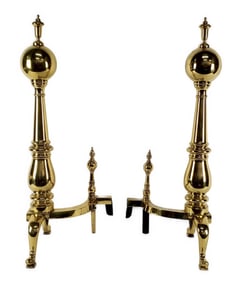 Pair of Brass Federal Style Cannonball Finial Andirons, 20th Century, 32" h. 12" w. 14" d., good