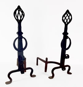 Pair of Tall Iron Twist Finial Andirons, with ring handles, 30" h. 14" w. 18 1/2" d.