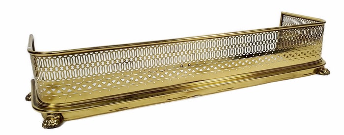 Brass Regency Style Fireplace Fender, 20th Century, pierced conforming front with paw feet, 42" L.