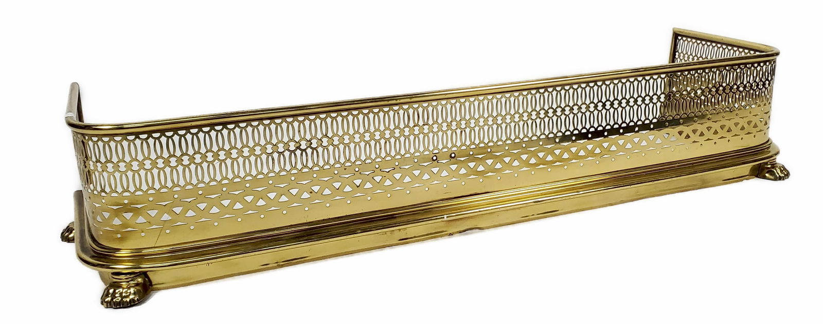 Brass Regency Style Fireplace Fender, 20th Century, pierced conforming front with paw feet, 42" L. (1 of 3)