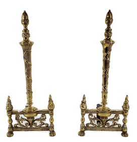 Pair of Brass Empire Style Andirons, Late 19th/Early 20th Century, 21" h. 8 1/2" w. 6 1/2" d., some