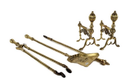 French Style Andirons, 20th Century, together with a three piece fireplace tool set (5 pcs.), 10