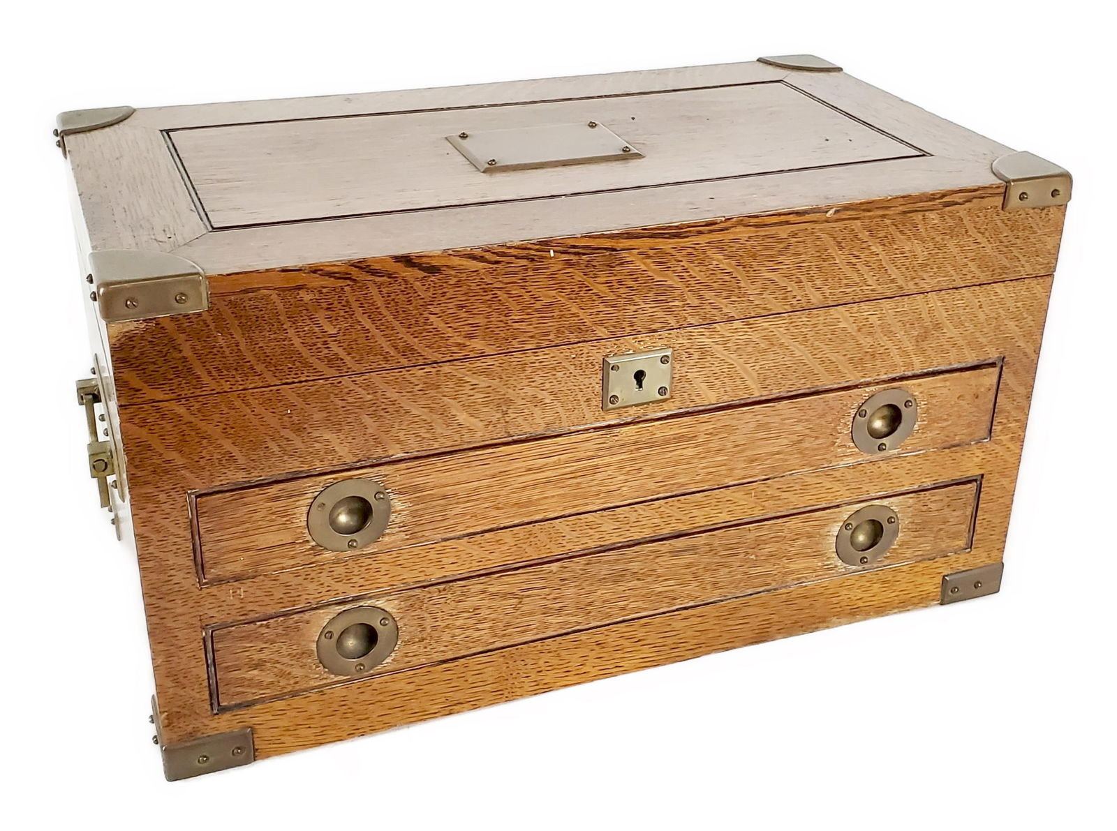 Antique Tiger Oak Work Box, late 19th century, brass bound with handles and two drawers, open (1 of 4)