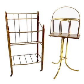 Two Antique Music Stands, c.1900-20, one of brass and wood on tripodal legs, the other with three