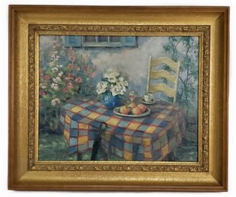 A 20th Century Oil on Canvas Painting, Garden Table with Peaches and Flowers, signed Alfred Perry