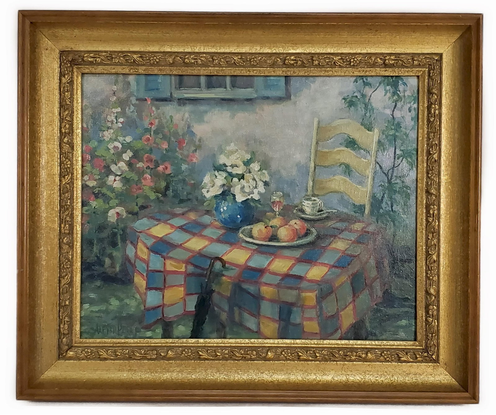 A 20th Century Oil on Canvas Painting, Garden Table with Peaches and Flowers, signed Alfred Perry: A 20th Century Oil on Canvas Painting, Garden Table with Peaches and Flowers, signed Alfred Perry lower left, 12" x 15", Framed-16 1/2" x 19 1/2"